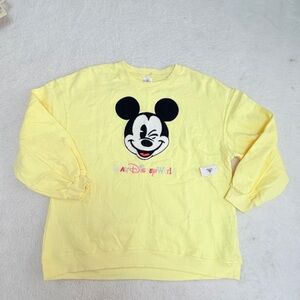 NEW WDW  Disney Embroidered Mickey Mouse Yellow Sweatshirt Crewneck Pullover M